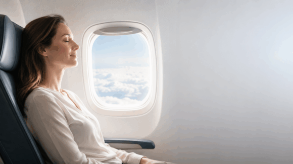 Eine entspannte Frau sitzt mit geschlossenen Augen am Fenster eines Flugzeugs. Durch das Fenster sind heller Himmel und Wolken zu sehen.