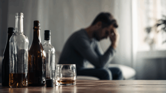 Mehrere Alkoholflaschen und ein Glas stehen im Vordergrund auf einem Tisch, im unscharfen Hintergrund sitzt eine nachdenkliche Person mit gesenktem Kopf. Das Bild symbolisiert Alkoholprobleme, innere Belastung und den Wunsch nach Veränderung.