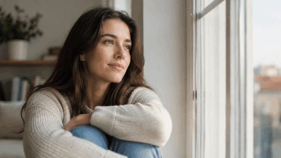 Porträt einer ruhig und nachdenklich wirkenden Person, die bei weichem Morgenlicht am Fenster sitzt. Die warme, helle Szene vermittelt Hoffnung, Gelassenheit und eine stille, kontemplative Stimmung.