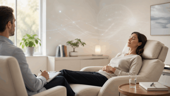 Ruhige Therapiesituation in einer hellen Praxis: Eine Person liegt entspannt auf einem Sessel, während ein Therapeut Notizen macht. Dezente Lichtlinien und eine Gehirn-Silhouette symbolisieren die Wirkung von Hypnose auf das Unterbewusstsein.