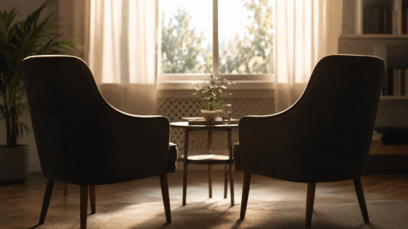 Zwei leere Sessel stehen sich in einem warm beleuchteten Therapieraum gegenüber. Die ruhige Szene mit Fensterlicht, Pflanzen und kleinem Tisch vermittelt Vertrauen, Sicherheit und eine einladende Gesprächsatmosphäre.
