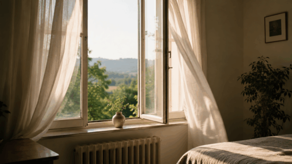 Offenes Fenster in einem hellen, ruhigen Raum mit wehenden Vorhängen und warmem Tageslicht. Das Bild symbolisiert Offenheit, neue Möglichkeiten und innere Leichtigkeit.